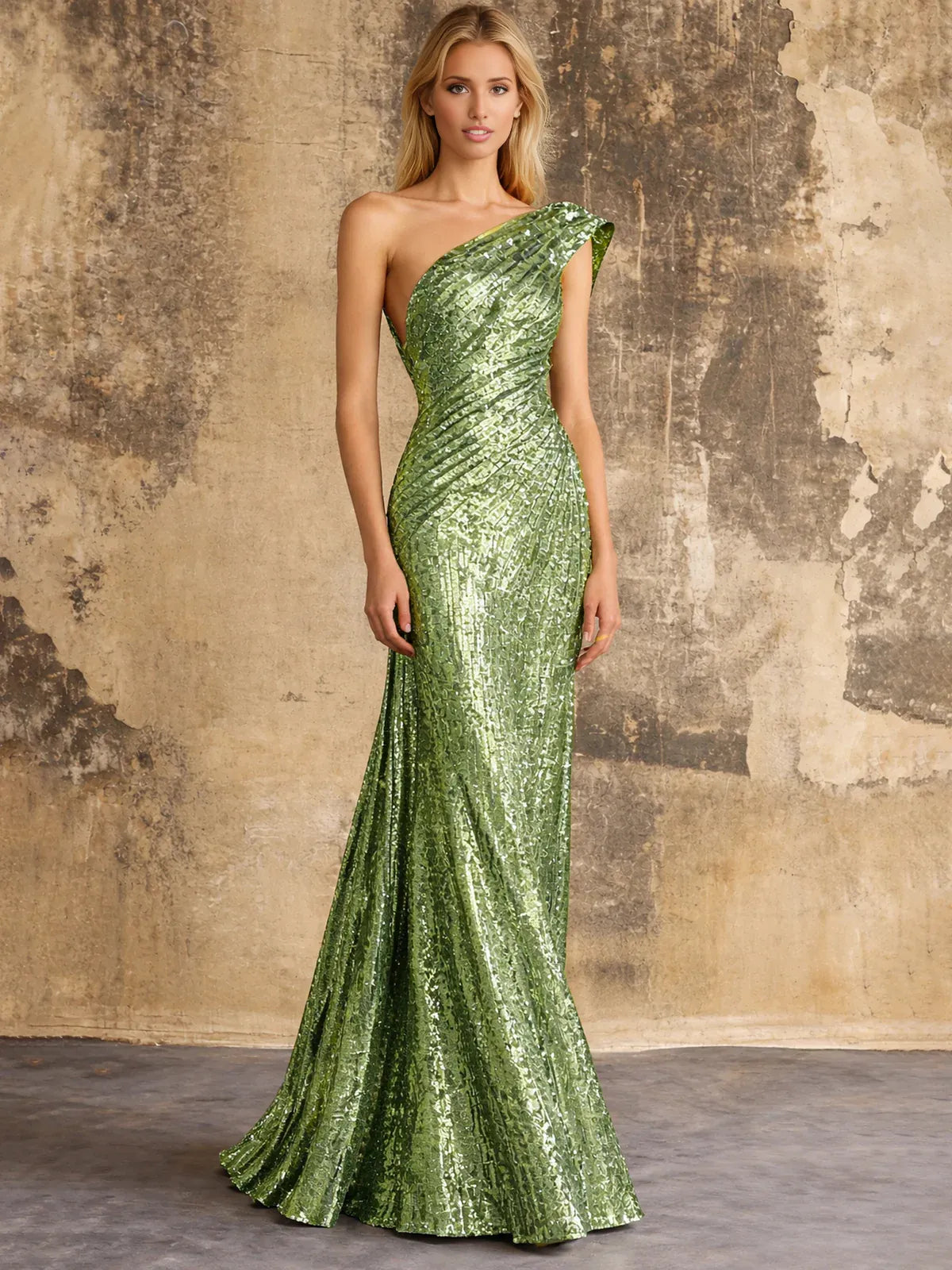Ruched Sequin Mermaid One Shoulder Floor-Length Sparkle Christmas Party Evening Dress