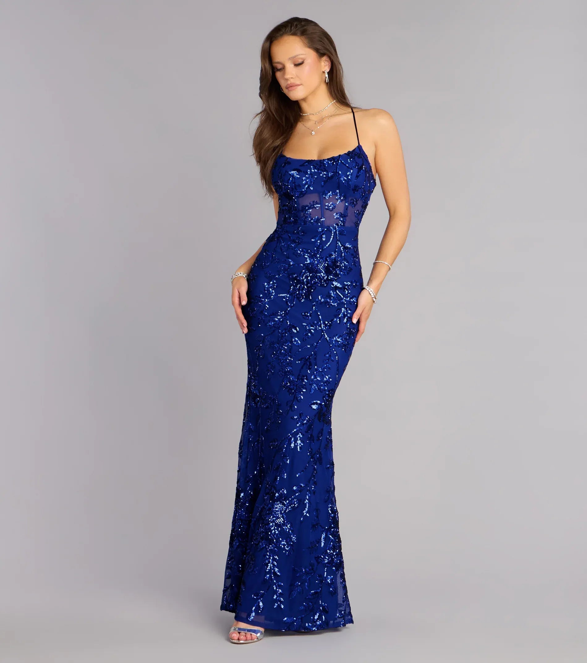 Glamorous Sequin Mermaid Spaghetti Strap Backless Evening Dress
