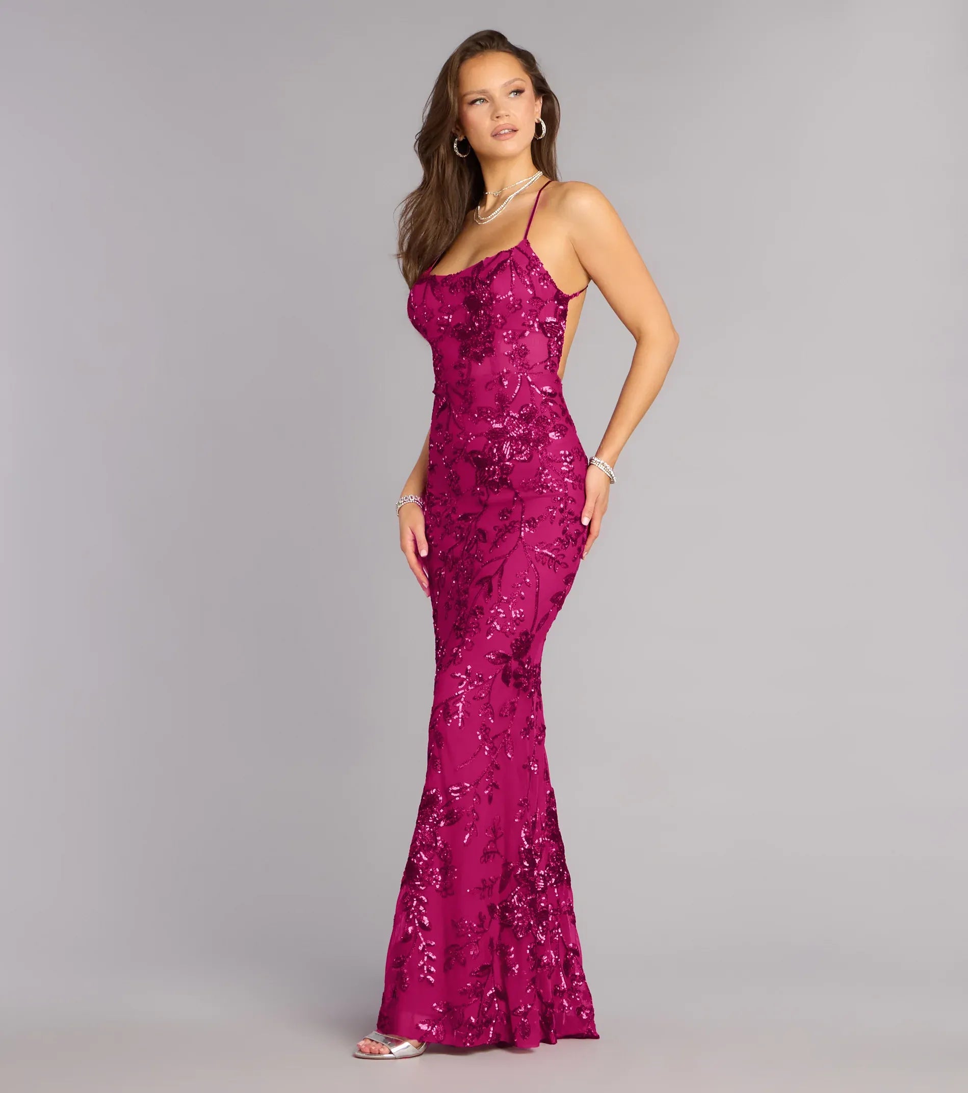 Glamorous Sequin Mermaid Spaghetti Strap Backless Evening Dress