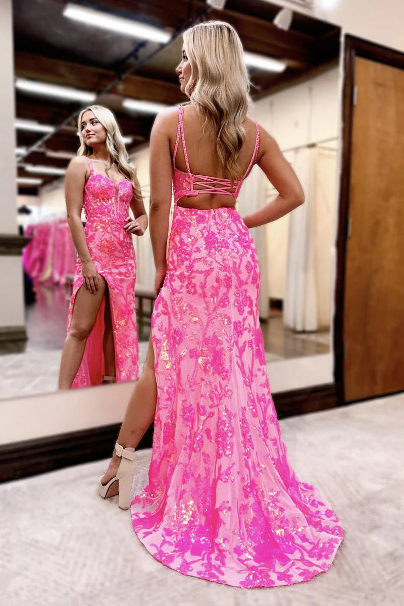 Vestido de fiesta glamuroso con lentejuelas, tirantes finos, corsé y abertura, corte sirena