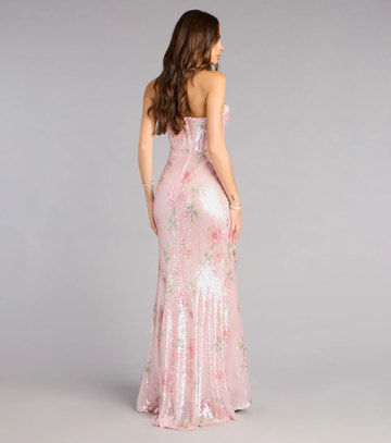 Vestido largo de noche formal con corsé floral, sin tirantes, de sirena y lentejuelas