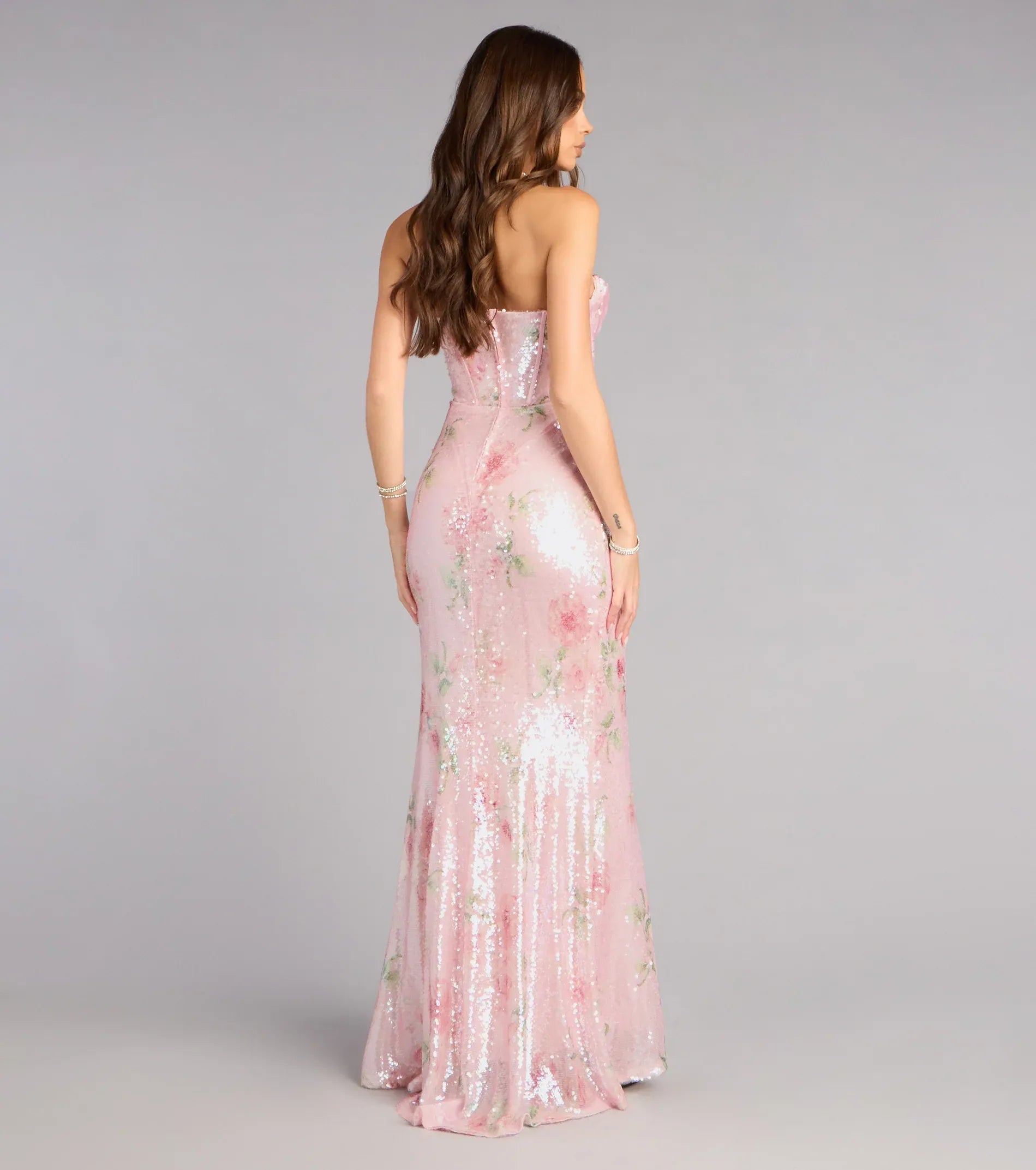 Sequin Mermaid Strapless Floral Corset Maxi Dress Formal Evening Dress