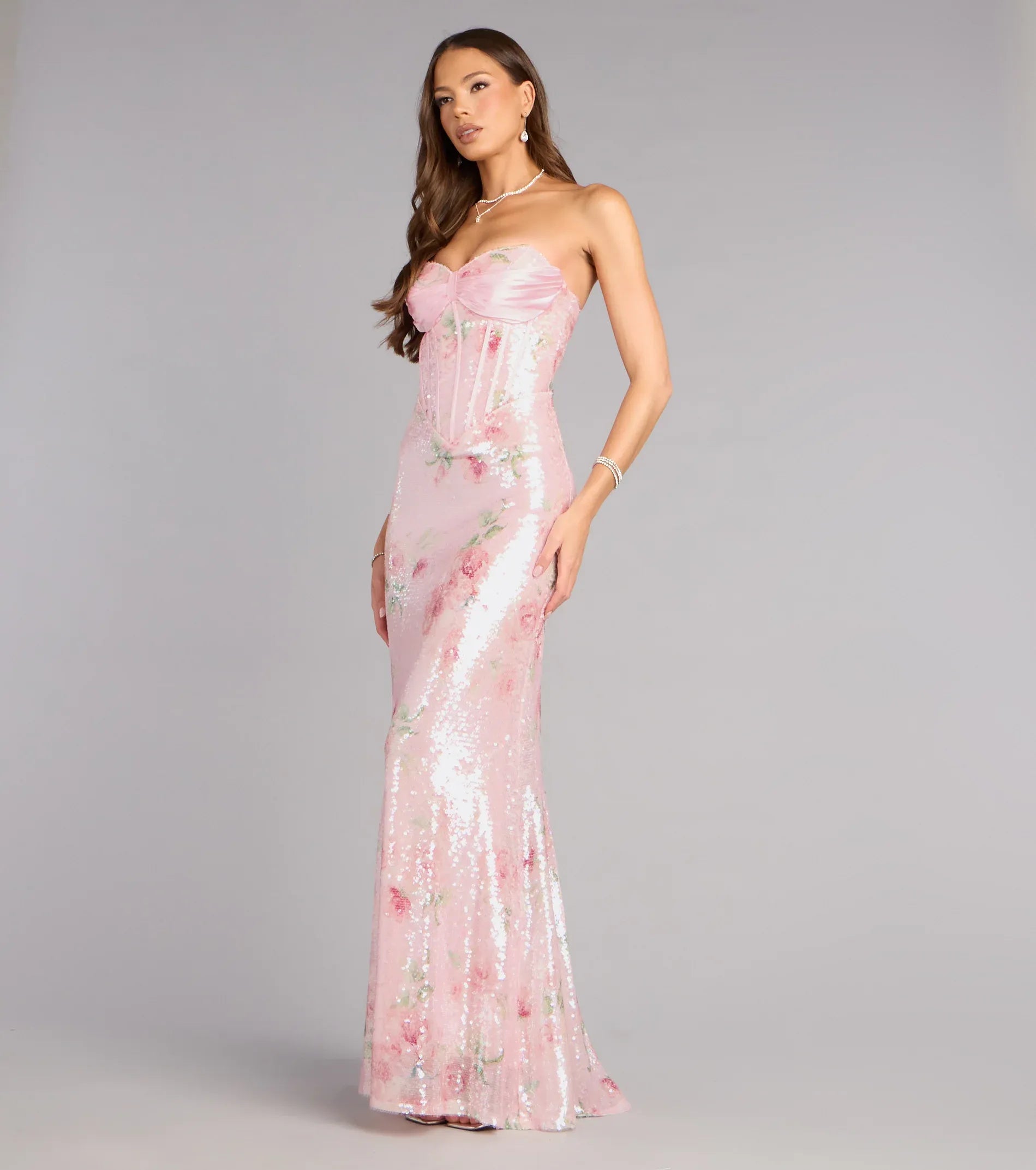 Sequin Mermaid Strapless Floral Corset Maxi Dress Formal Evening Dress