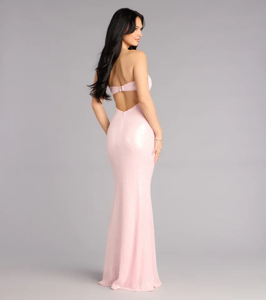 Sequin Mermaid Strapless Backless Starfish Details Evening Dress