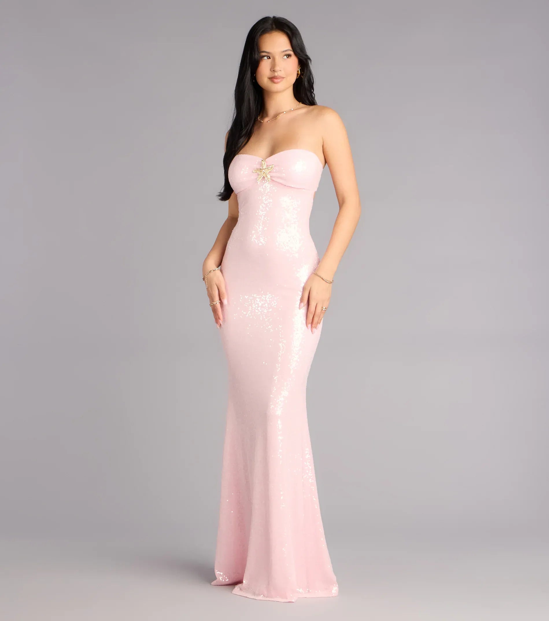 Sequin Mermaid Strapless Backless Starfish Details Evening Dress