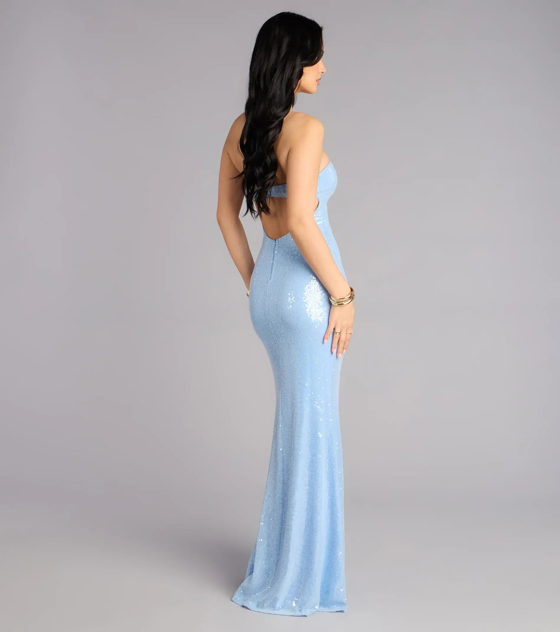 Sequin Mermaid Strapless Backless Starfish Details Evening Dress