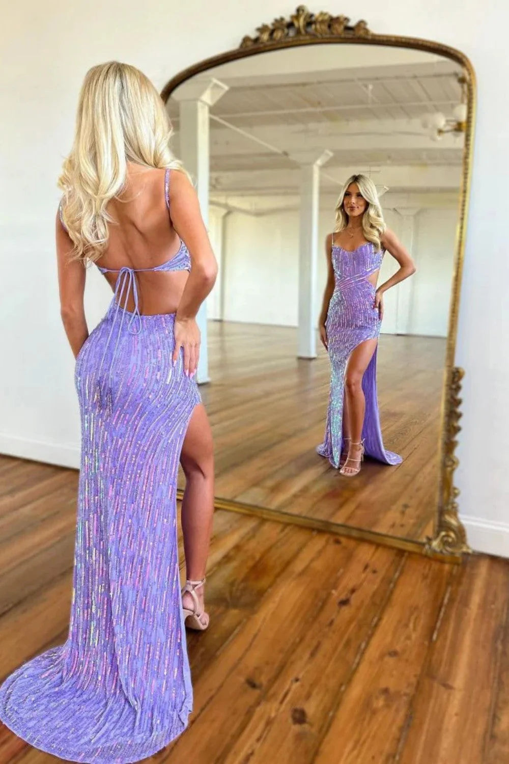 Sequin Mermaid Sweetheart Spaghetti-Strap Mesh Prom Dress Sweep-Train Cutout Evening Gown