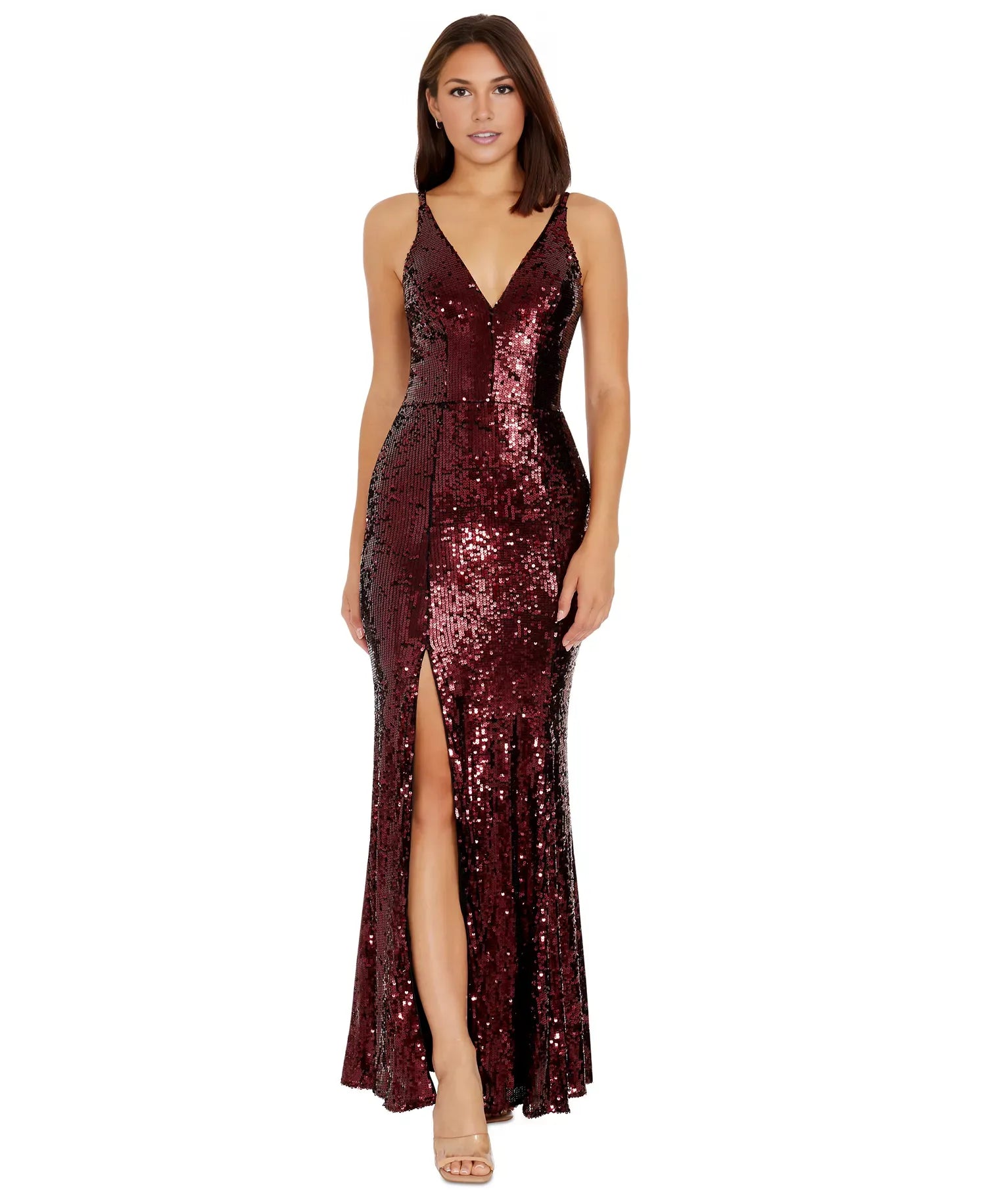 Sequin Mermaid V-Neck Spaghetti Strap Floor-Length Slit Evening Gown