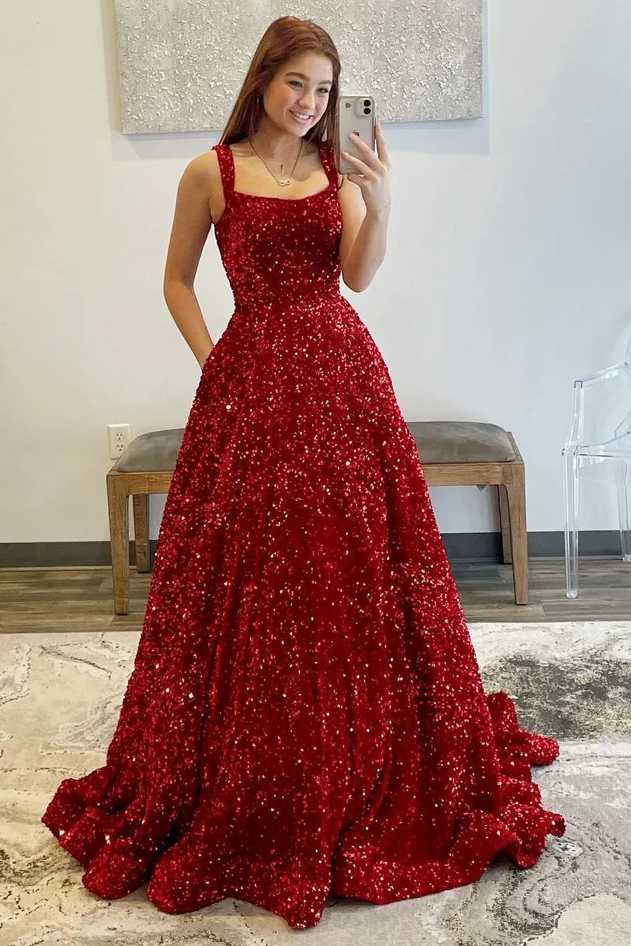 Sequin Ball Gown Square Neck Sleeveless Backless Floor-Length Prom Gown