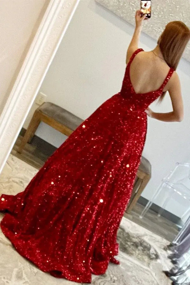 Sequin Ball Gown Square Neck Sleeveless Backless Floor-Length Prom Gown