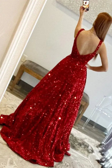 Sequin Ball Gown Square Neck Sleeveless Backless Floor-Length Prom Gown