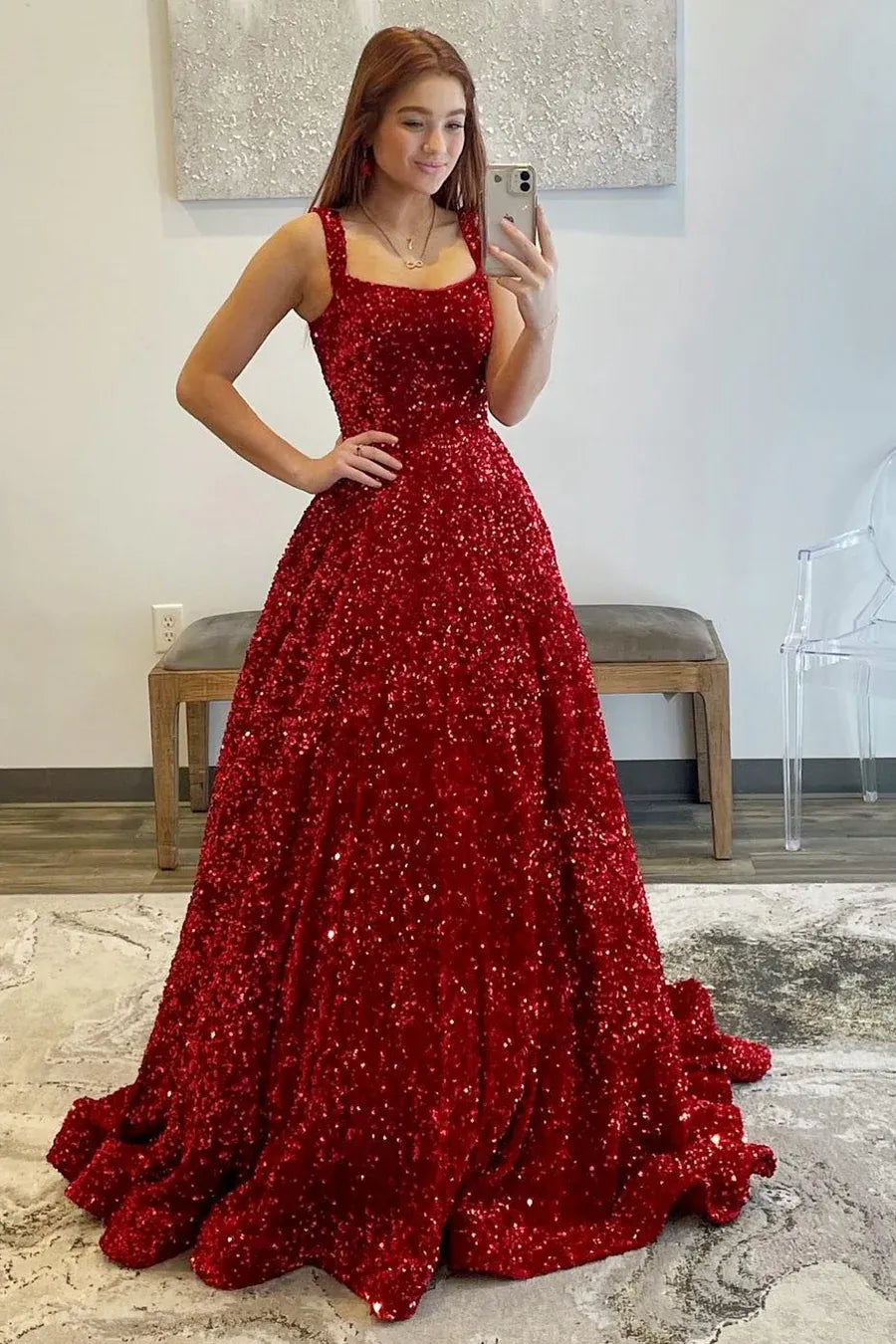 Sequin Ball Gown Square Neck Sleeveless Backless Floor-Length Prom Gown