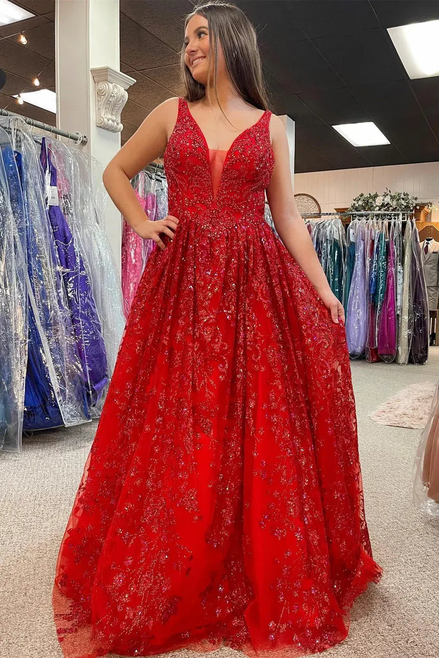 Sequin Lace Ball Gown V-Neck Sleeveless Backless Floor-Length Prom Gown