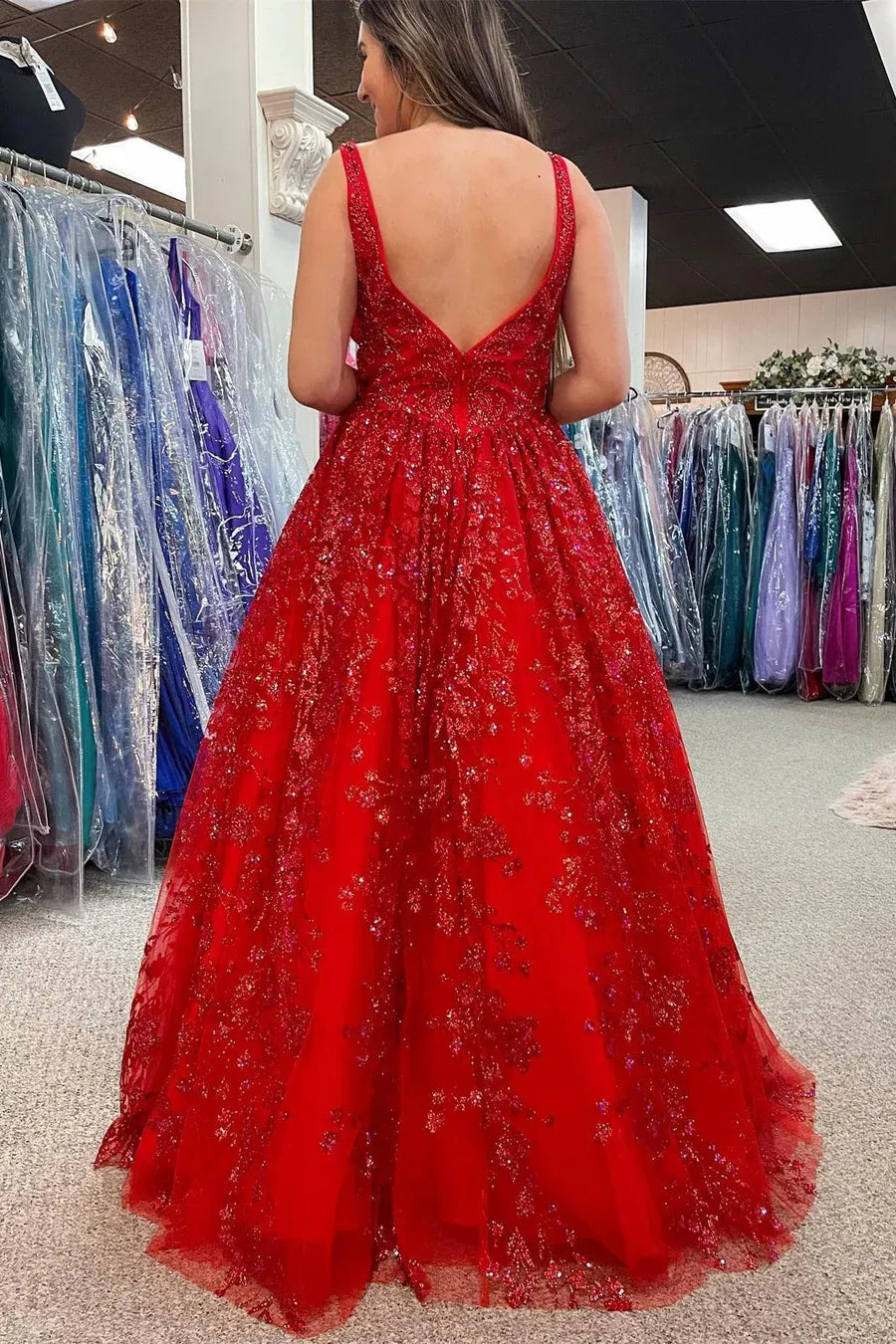 Sequin Lace Ball Gown V-Neck Sleeveless Backless Floor-Length Prom Gown