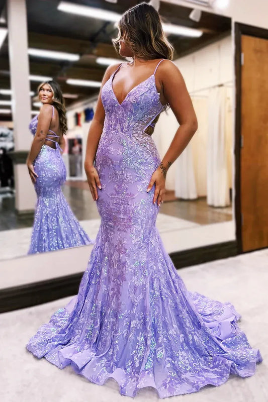 Sequin Lace Mermaid V-Neck Sleeveless Lace-Up Floor-Length Prom Gown