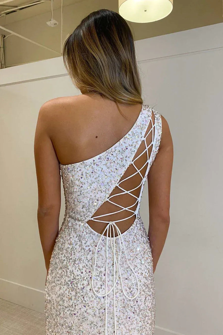 Vestido de Noche Largo con Lentejuelas, Diseño de Sirena, Un Hombro y Cordones