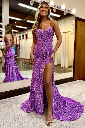 Vestido de noche largo de sirena con lentejuelas, escote corazón, sin mangas y con cordones