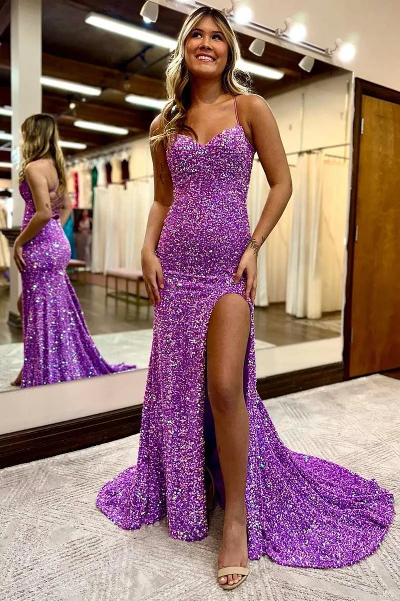 Vestido de noche largo de sirena con lentejuelas, escote corazón, sin mangas y con cordones