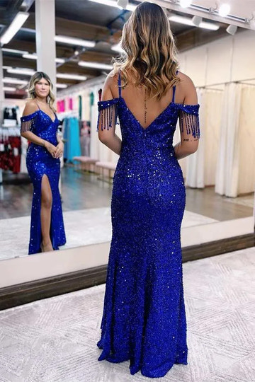 Sequin Mermaid V-Neck Off-Shoulder Fringe High Slit Prom Gown