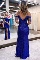 Sequin Mermaid V-Neck Off-Shoulder Fringe High Slit Prom Gown