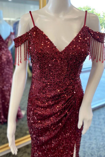 Sequin Mermaid V-Neck Off-Shoulder Fringe High Slit Prom Gown