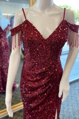 Sequin Mermaid V-Neck Off-Shoulder Fringe High Slit Prom Gown