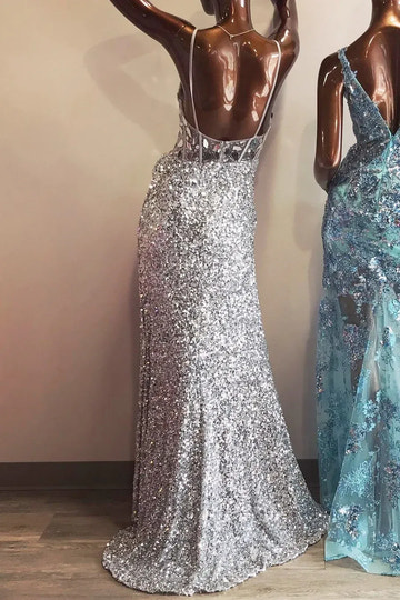 Vestido de fiesta largo sin mangas con cuello en V, lentejuelas, sirena y abertura alta