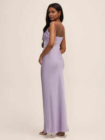 Sleek Sheath Asymmetric Neck Satin Floor Length Rhinestone Maxi Dress