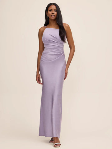 Sleek Sheath Asymmetric Neck Satin Floor Length Rhinestone Maxi Dress
