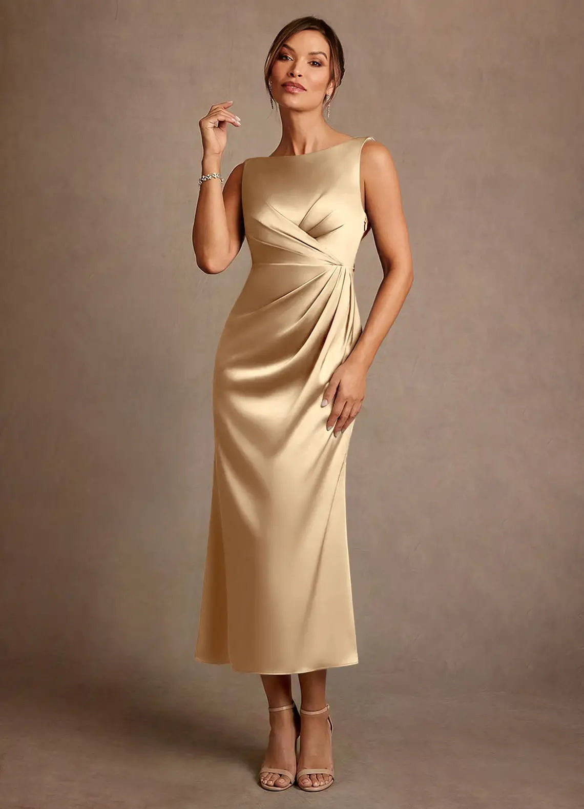 Elegant Sheath Boat Neck Satin Midi Ruched Cowl Back Evening Dress Mother of the Bride Dress