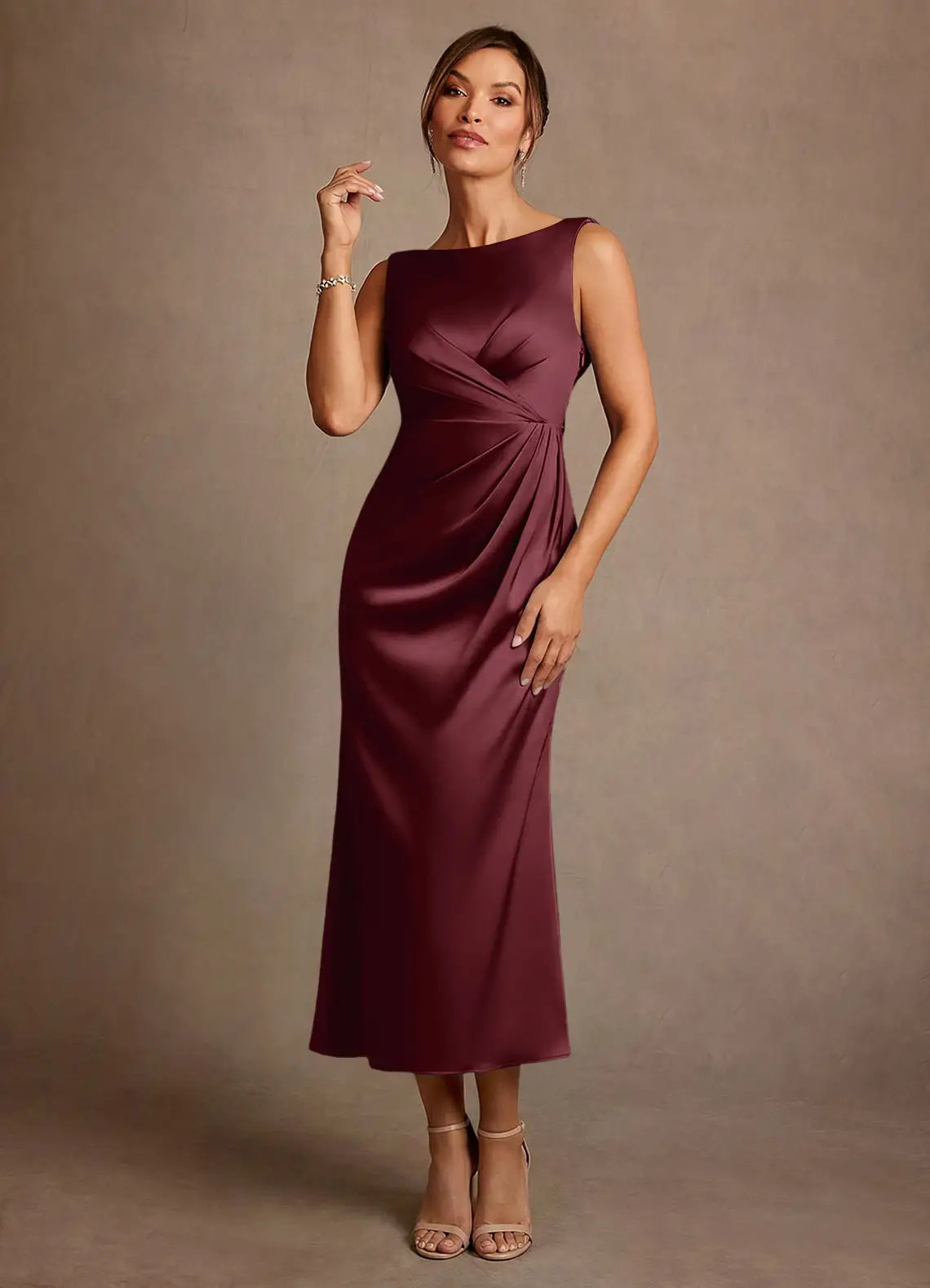 Elegant Sheath Boat Neck Satin Midi Ruched Cowl Back Evening Dress Mother of the Bride Dress
