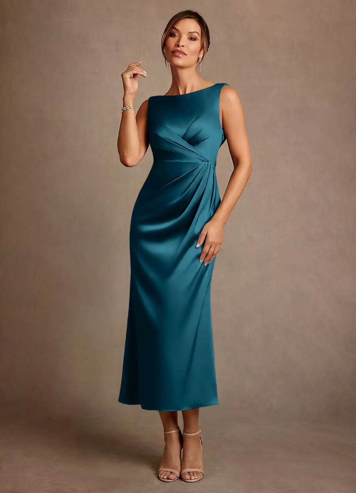 Elegant Sheath Boat Neck Satin Midi Ruched Cowl Back Evening Dress Mother of the Bride Dress