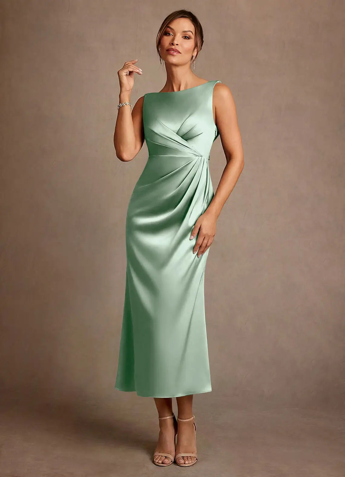 Elegant Sheath Boat Neck Satin Midi Ruched Cowl Back Evening Dress Mother of the Bride Dress