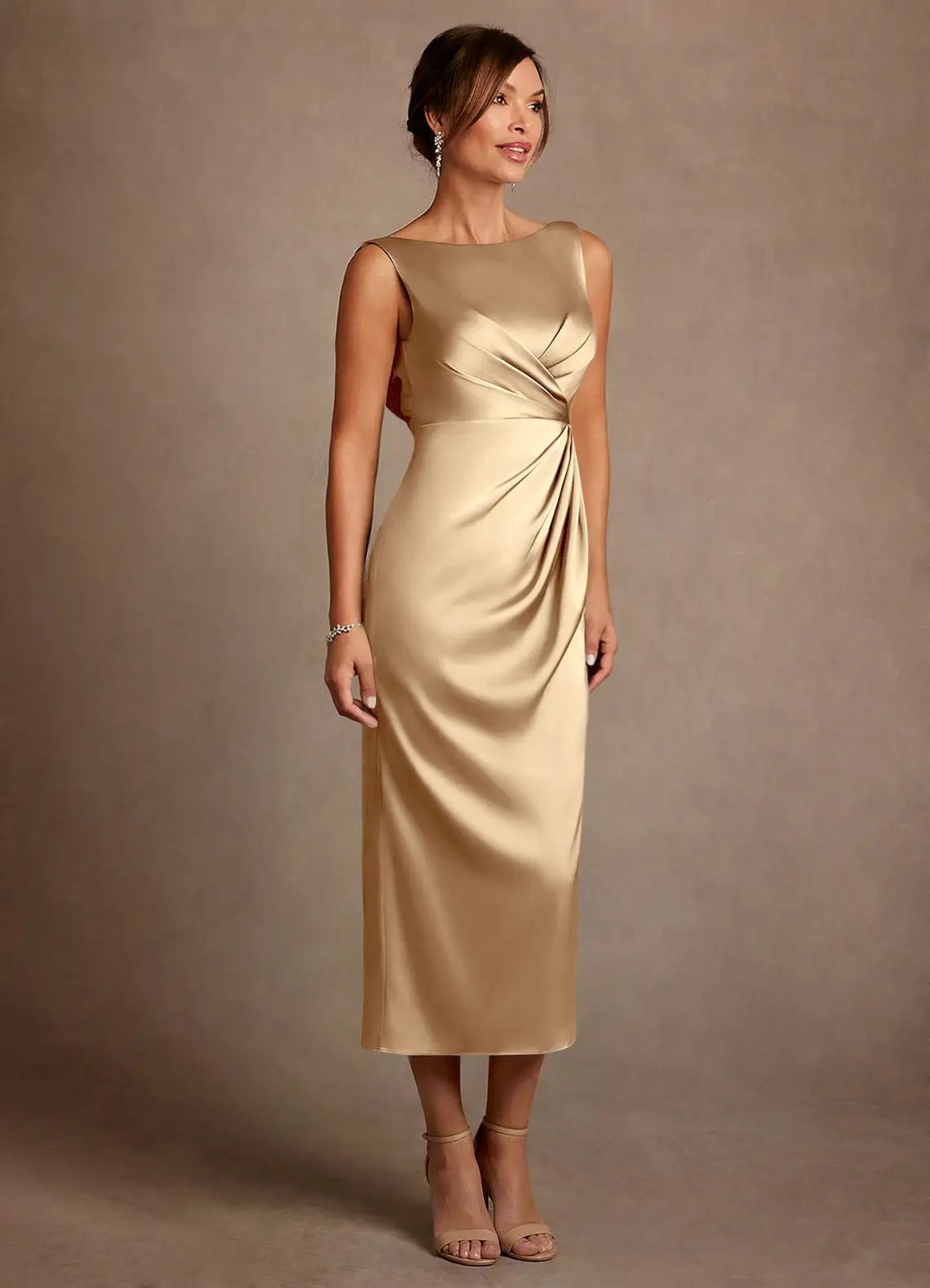 Elegant Sheath Boat Neck Satin Midi Ruched Cowl Back Evening Dress Mother of the Bride Dress