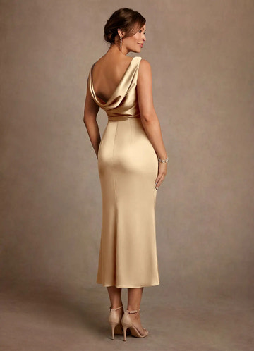 Elegant Sheath Boat Neck Satin Midi Ruched Cowl Back Evening Dress Mother of the Bride Dress