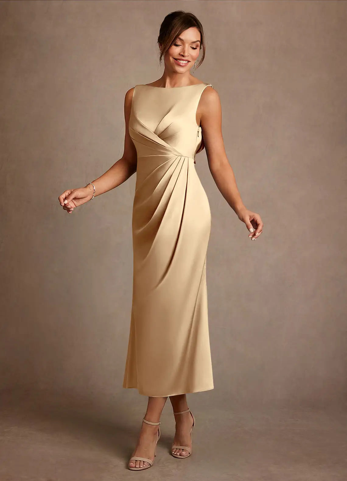 Elegant Sheath Boat Neck Satin Midi Ruched Cowl Back Evening Dress Mother of the Bride Dress