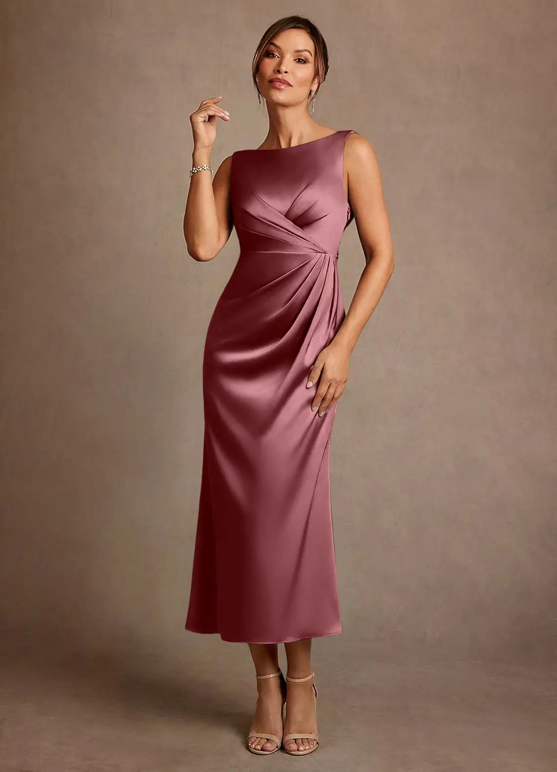 Elegant Sheath Boat Neck Satin Midi Ruched Cowl Back Evening Dress Mother of the Bride Dress