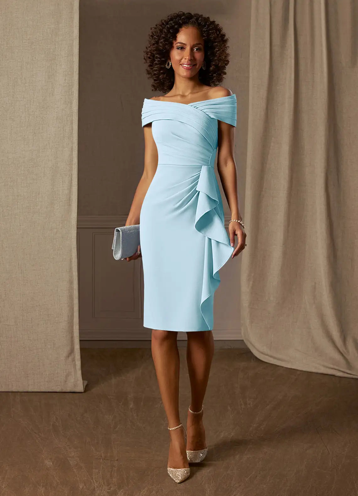 Elegant Sheath Off-the-Shoulder Pleated Crepe Knee Evening Dress with Ruffle Detail