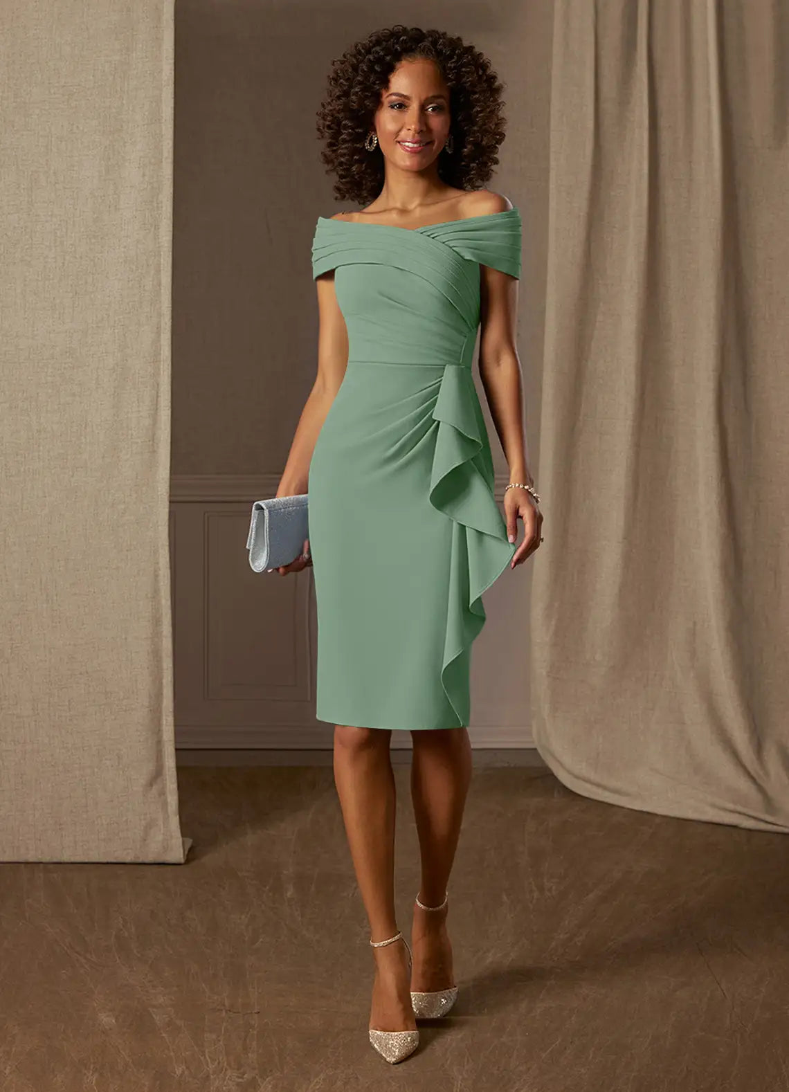 Elegant Sheath Off-the-Shoulder Pleated Crepe Knee Evening Dress with Ruffle Detail