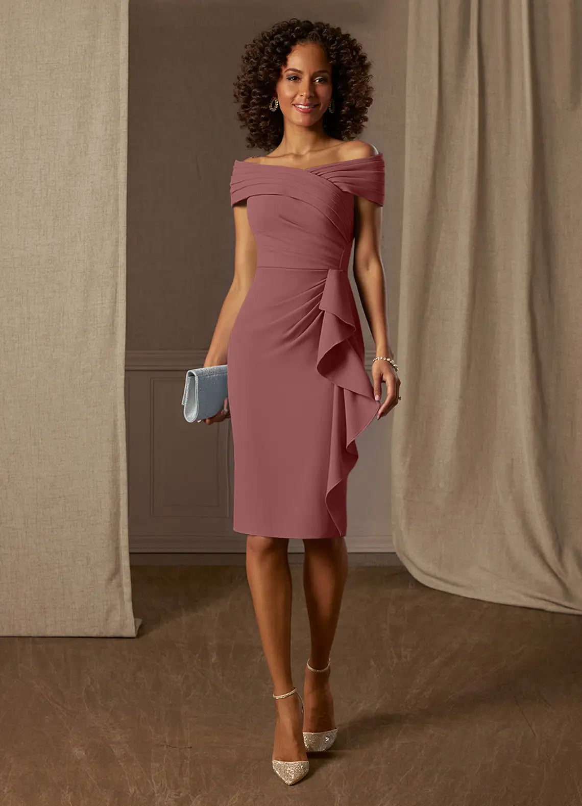 Elegant Sheath Off-the-Shoulder Pleated Crepe Knee Evening Dress with Ruffle Detail