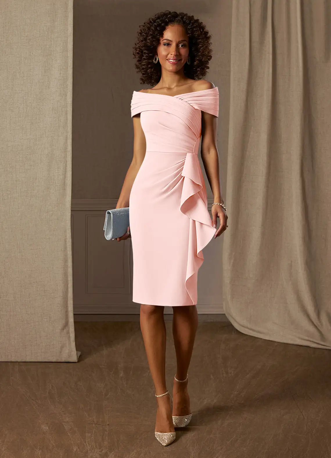 Elegant Sheath Off-the-Shoulder Pleated Crepe Knee Evening Dress with Ruffle Detail