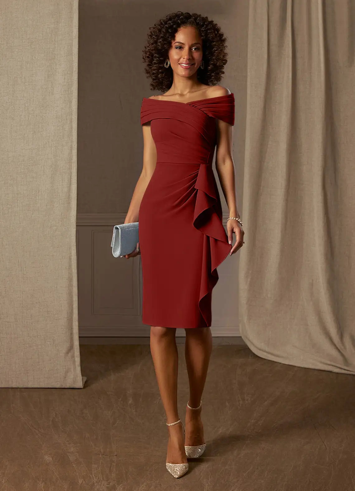 Elegant Sheath Off-the-Shoulder Pleated Crepe Knee Evening Dress with Ruffle Detail