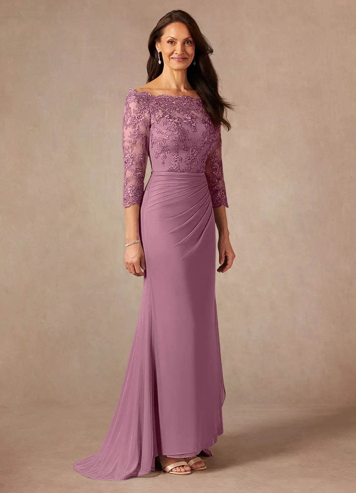 Elegant Sheath Off-the-Shoulder Ruched Lace Formal Mother of the Bride Dress