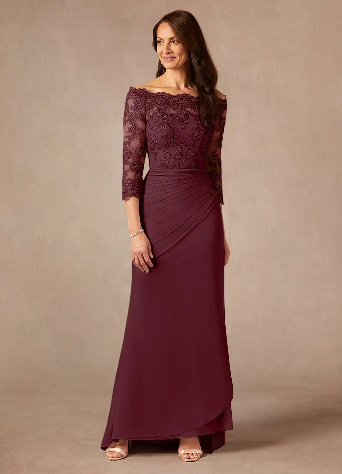 Elegant Sheath Off-the-Shoulder Ruched Lace Formal Mother of the Bride Dress