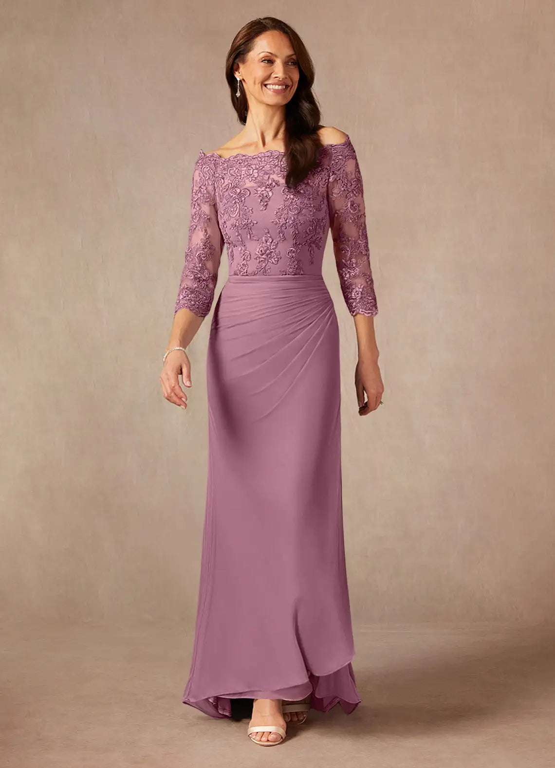 Elegant Sheath Off-the-Shoulder Ruched Lace Formal Mother of the Bride Dress