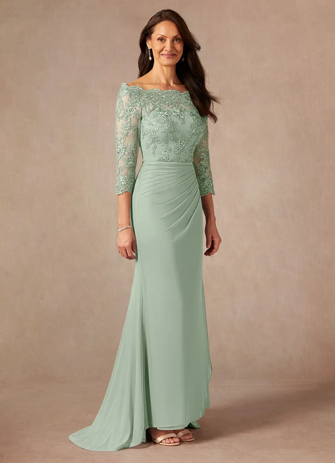 Elegant Sheath Off-the-Shoulder Ruched Lace Formal Mother of the Bride Dress