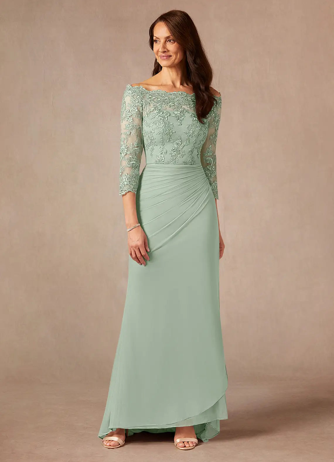 Elegant Sheath Off-the-Shoulder Ruched Lace Formal Mother of the Bride Dress