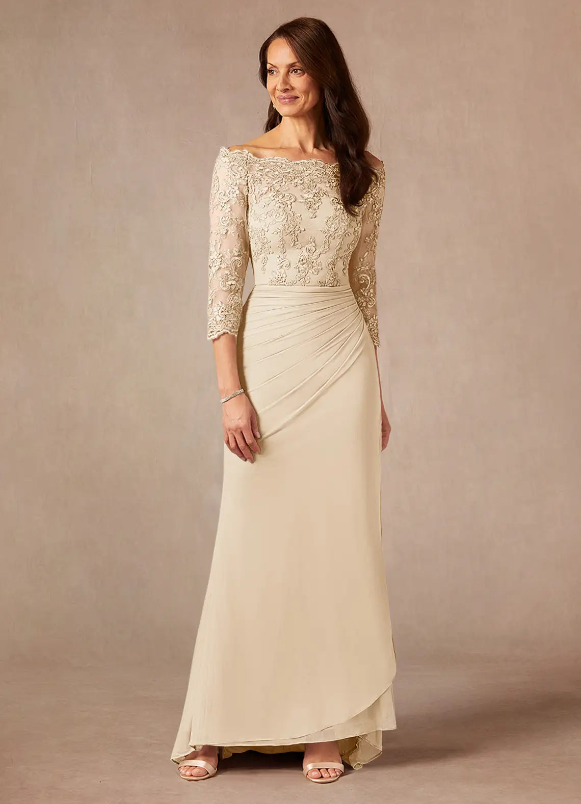 Elegant Sheath Off-the-Shoulder Ruched Lace Formal Mother of the Bride Dress