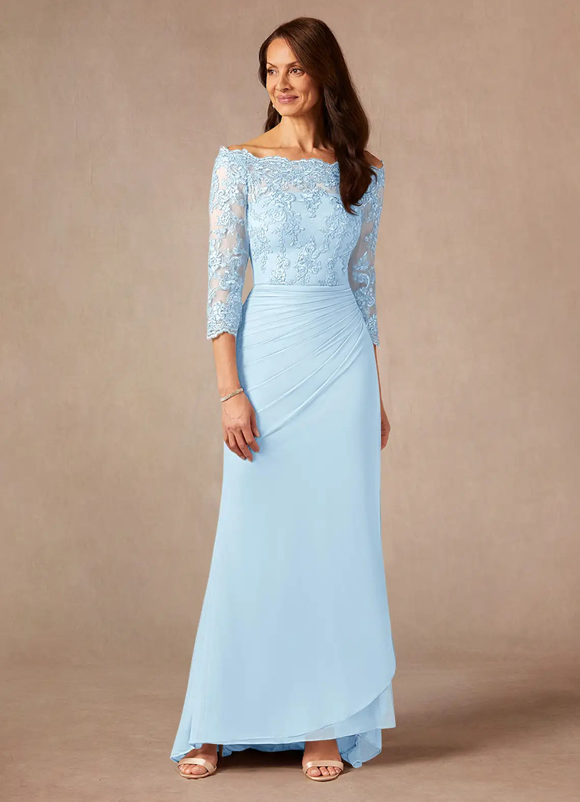 Elegant Sheath Off-the-Shoulder Ruched Lace Formal Mother of the Bride Dress