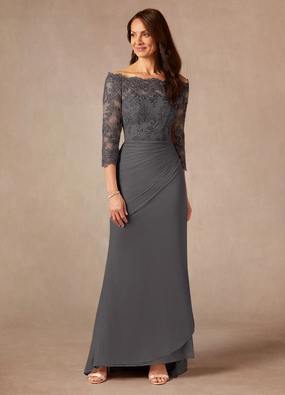 Elegant Sheath Off-the-Shoulder Ruched Lace Formal Mother of the Bride Dress